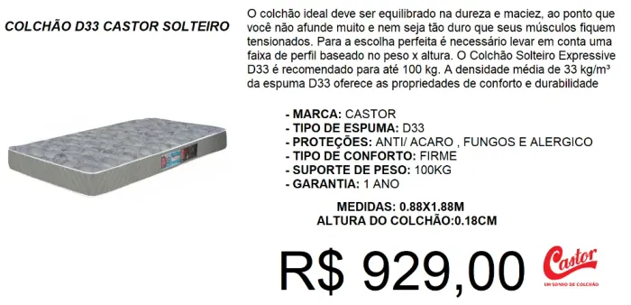 COLCHAO D33 CASTOR SOLTEIRO ENTREGA GRATIS