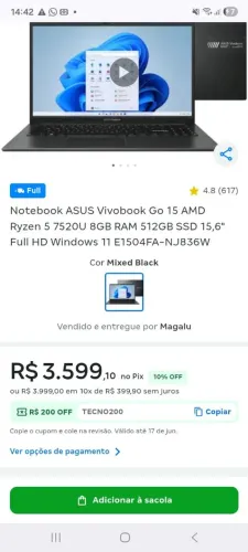 Notebook Asus vivobook go 15