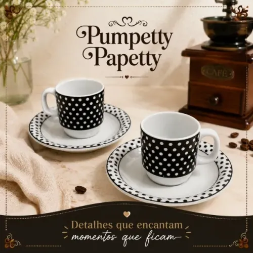 Par de Xícaras de Cafezinho Germer com Pires | Porcelana Poá Preto e Branco