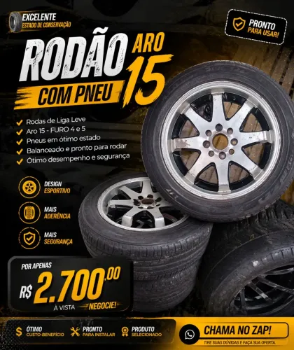 RODAS DE LIGA LEVE ARO 15 + 2 PNEUS NOVOS + 2 pneus usados em bom estado?<br>