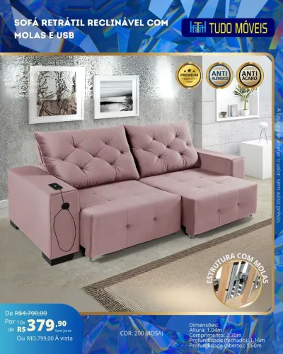 Sofa retrátil e reclinável com molas e USB