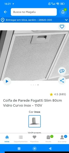 Coifa de Parede Fogatti Slim 80cm Vidro Curvo Inox - 110V