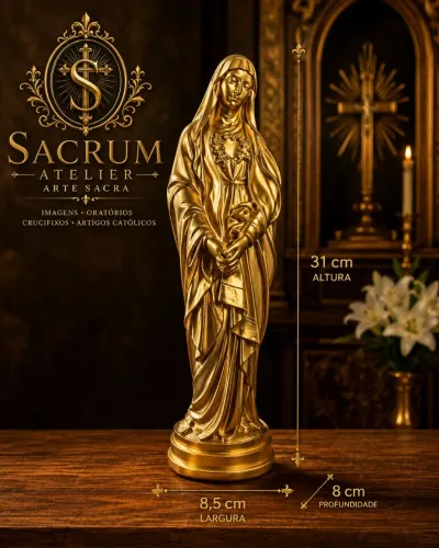 Nossa Senhora das Dores dourada em gesso premium e verniz automotivo