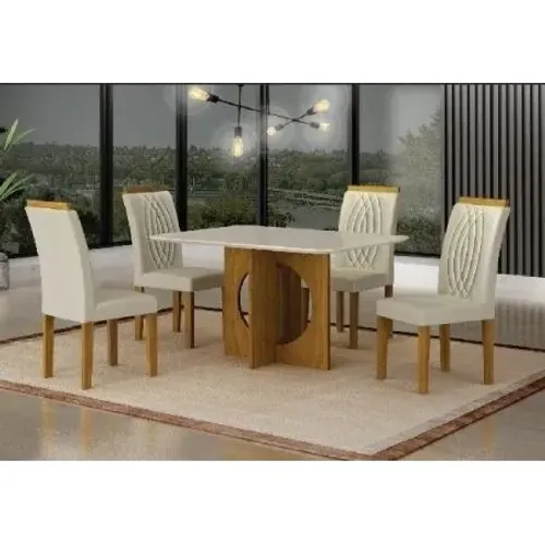 Mesa Lorena Vidro Off White C/ 4 Cad Freijo/joli Palha