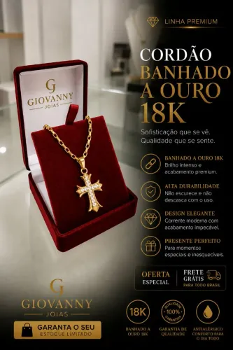 Cordão masculino / Tijolinho & Pingente Cruz c/ pedrinhas
