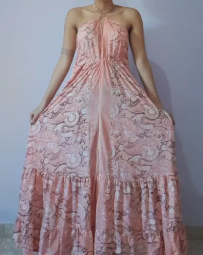 Vestido Longo Indiano Rosa Frente Única Seda - NOVO