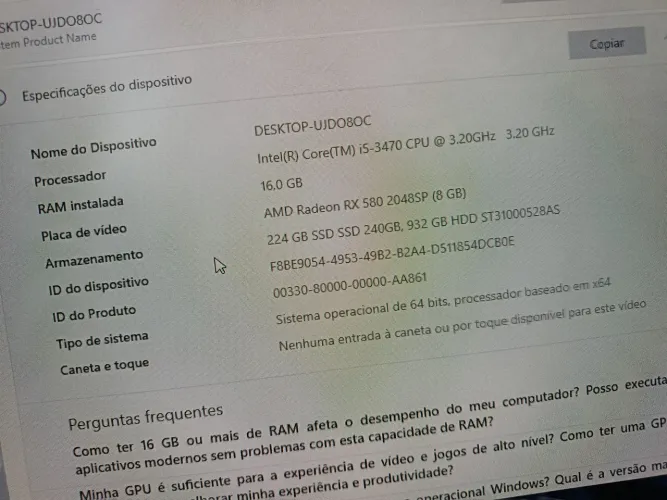 COMPUTADOR I5 3470, 2x8gb ram ddr3 dual Channel, SSD 240gb HD 1tb, Placa de vídeo RX580 8g
