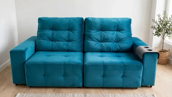 Sofá Retrátil Azul Tiffany Veludo - Espuma D33 não afunda + Porta Copos