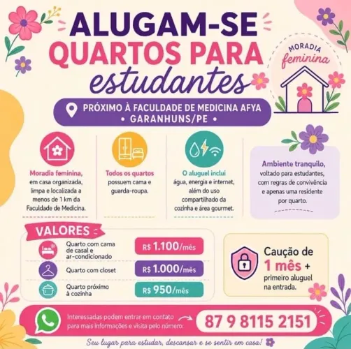 ALUGAM-SE QUARTOS PARA ESTUDANTES EXCLUSIVAMENTE FEMININO
