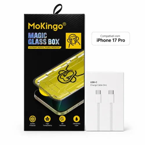Película de vidro IPhone 17 Pro / Pro Max + Cabo USB-C Kit película MoKingo com aplicador