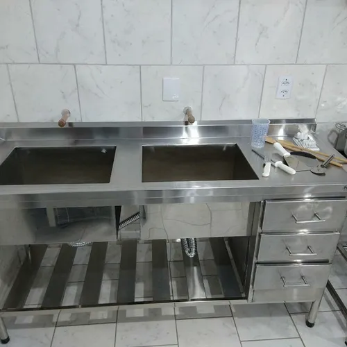 Pia Balcão Inox 1,90m com 2 cubas 3 gavetas - Marcos 