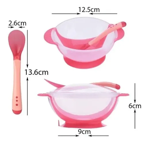 Kit Papinha Tigela C/ Ventosa Colher De Plastico Rosa