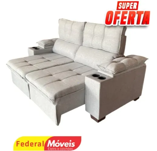 Sofá Off White 2,00m Linho c/ Porta Copos Embutidos (Temos Crediário)