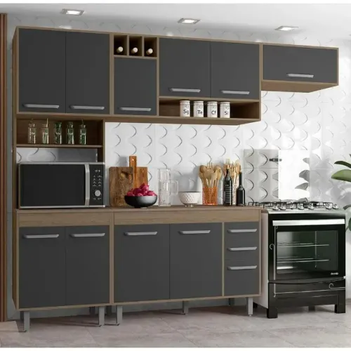 Armário Para Cozinha Grande Barcelona Luxo Carvalho/Grafite Cozinha Modulada - Em Oferta