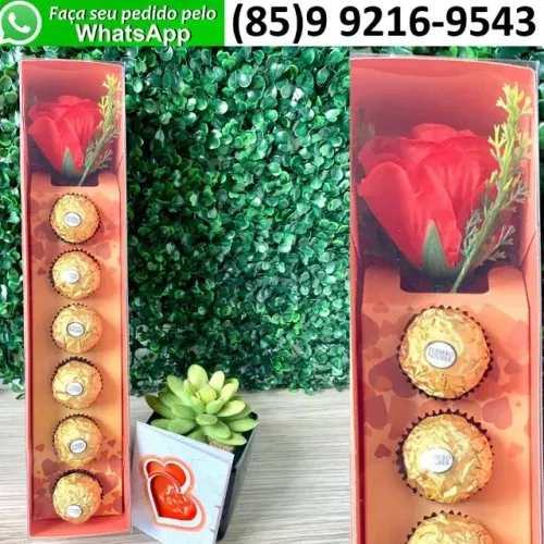 Presente Dia dos Namorados Rosa Vermelha Artificial Chocolate Ferrero Rocher Cartão