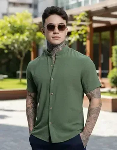 Camisa Social Verde Musgo Masculino 3/4