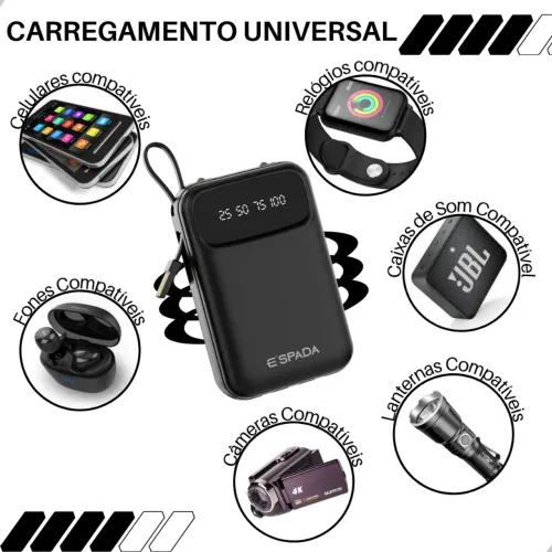 Carregador Portátil Universal para Celular, Câmera, Fones, Relógio e mais!