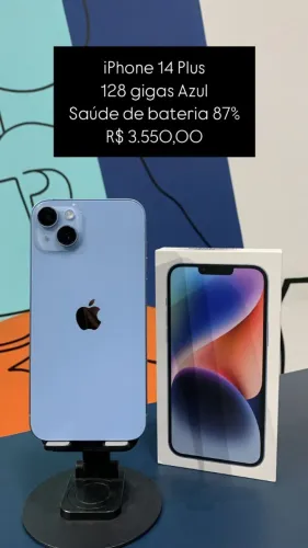 iPhone 14 Plus / 128GB / Azul / Saúde de bateria 87% / R$ 3.550,00