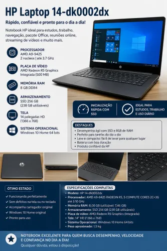 Notebook HP 14-dk0002dx | AMD A9 | 8 GB RAM | SSD 256 GB | Windows 10