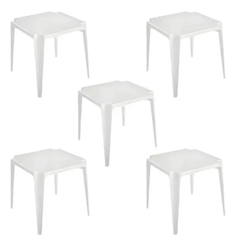 Kit 5 Mesas Quadradas Plástico Branco 70x70cm Monobloco