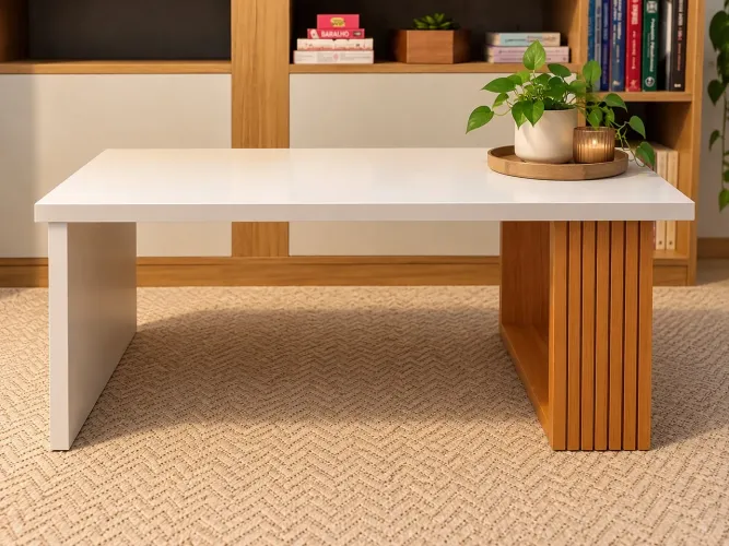 Mesa de Centro Moderna Branca com Detalhe Ripado em Madeira
