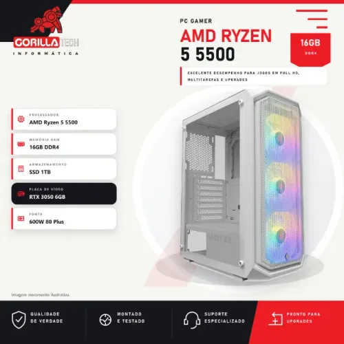 PC Gamer Ryzen 5 5500 RTX 3050 6GB 16GB DDR4 SSD 1TB Fonte 600W 80 Plus Novo