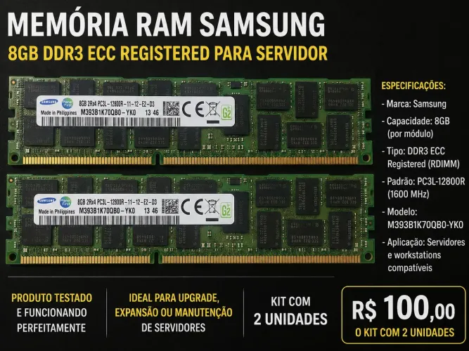 Memória RAM Samsung 8GB DDR3 ECC Registered para Servidor - Kit com 2 Unidades