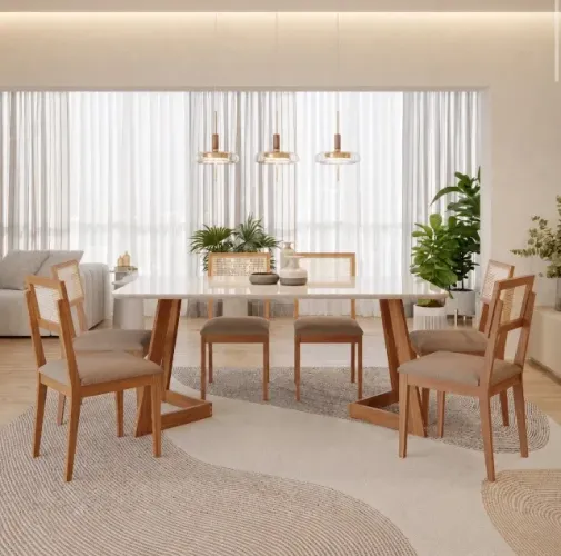 Conjunto Mesa de Jantar Verona 180 com Vidro e 6 Cadeiras Linho Bege