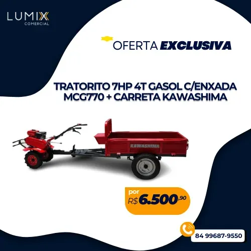 TRATORITO 7HP 4T A GASOL C/ ENXADA + CARRETA KAWASHIMA