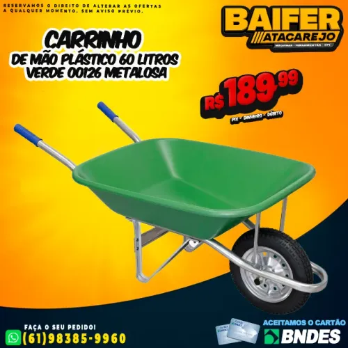 Carrinho de Mão Plástico 60 Litros Verde 00126 Metalosa