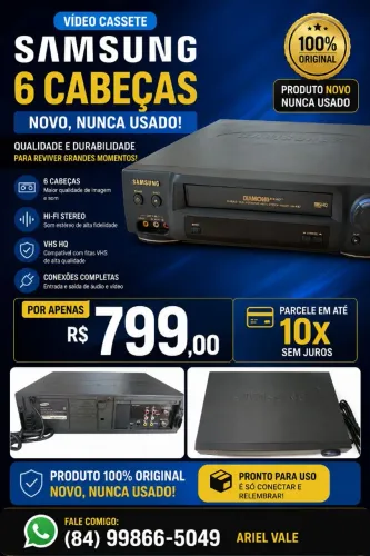 Vídeo Cassete Samsung Diamond Head 6 Cabeças - NOVO (Nunca Usado/Relíquia)