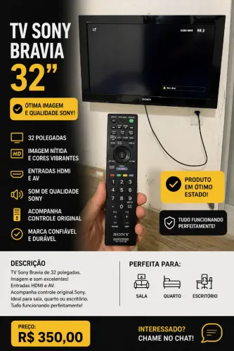 TV Sony Bravia LED 32 Polegadas + Controle Original - R$ 350