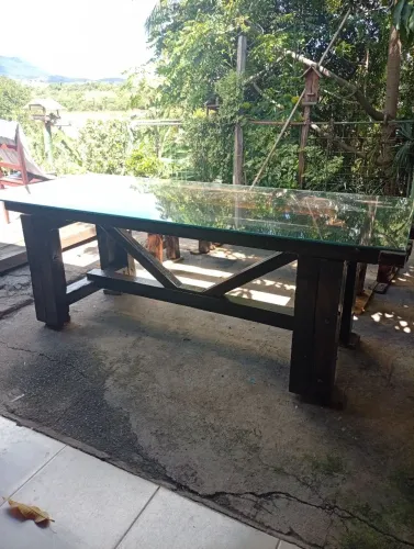 Conjunto mesa madeira rústica tampo de vidro
