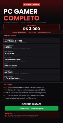 PC Gamer Completo - Ryzen 5 4600G + RX 7600 + 16GB RAM - Somente Retirada