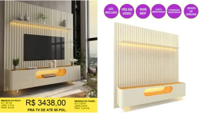 PAINEL COM RACK 100% MDF COM LED 
