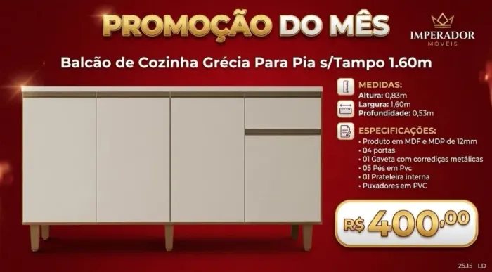 Balcão de cozinha para pia s/tampo 1,6M (Pague na entrega)