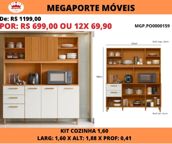 Kit Cozinha 1,60 com 6 Portas 2 Gavetas