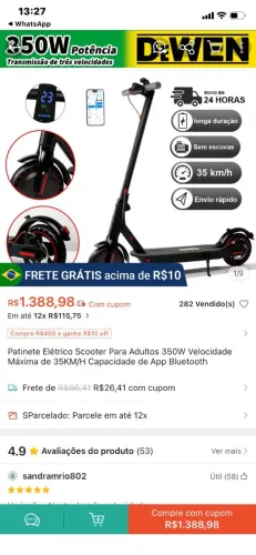 Patinete elétrico dewen 350w 120kg 35kmh