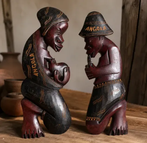 Kit 2 Esculturas Africanas Angolanas Original Em Madeira Talhada Parede Feita a Mão