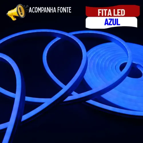 Mangueira Fita LED Neon 5m com Fonte 5A Luz Azul Alto Brilho Corte 2,5cm - SCS10