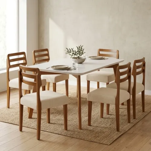 Mesa Jantar com 6 Cadeiras Tulipa Madeira Maciça no Linho tt76