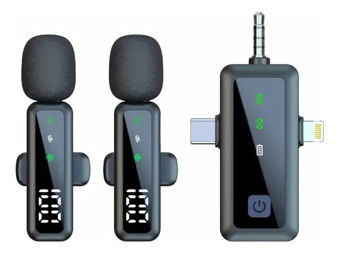 Microfone de Lapela Duplo Acrensly Sem Fio para iPhone e Android Microfone Combo Duplo
