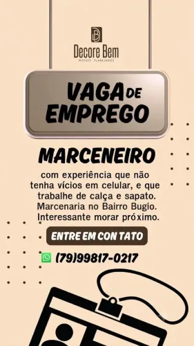 Vaga para profissionais da marcenaria, móveis planejados.
