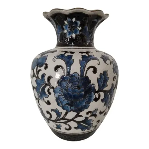 Vaso Cerâmica Esmaltado Rosas e Flores Tons Azul Preto