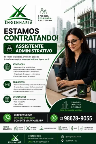 VAGAS PARA ASSISTENTE ADMINISTRATIVO EMPRESA DE ENGENHARIA