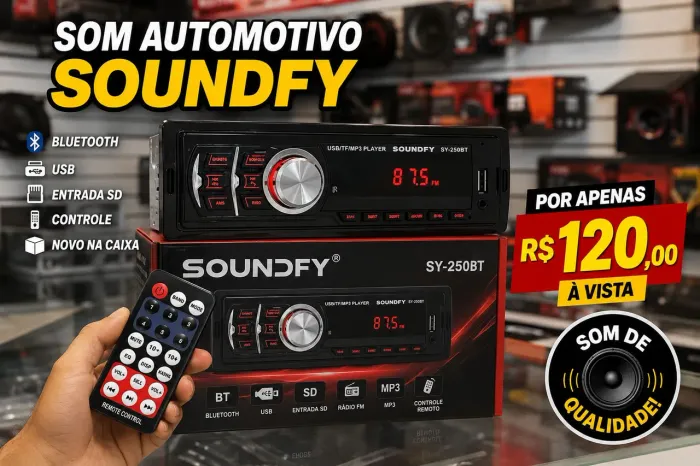 Som automotivo soundfy com controle, Bluetooth e usb novo na caixa 