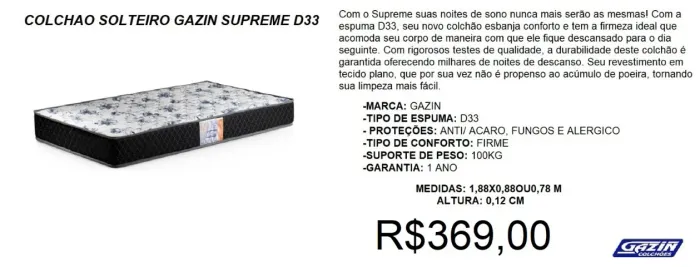 Colchão gazin d33 resposição garanta já o seu - a pronta entrega