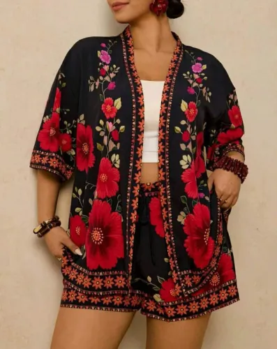 Conjunto Kimono e Short 2xl Flores
