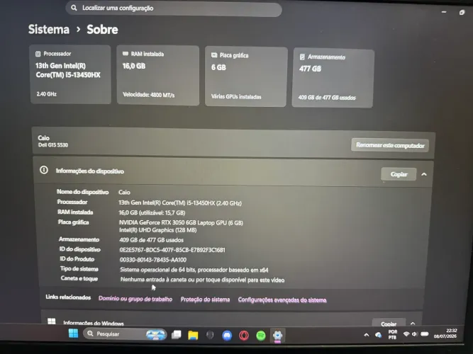 Dell G15 - RTX 3050, 16gb RAM, 500gb SSSD, Intel I5