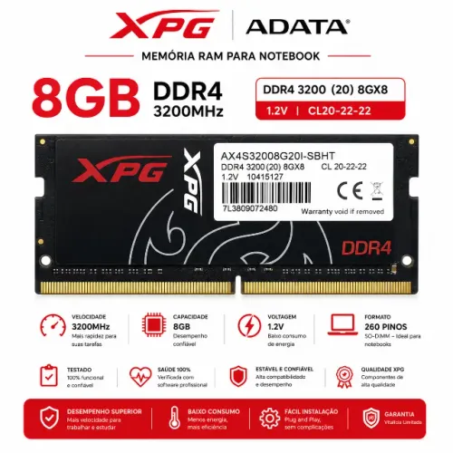 Memória RAM Notebook XPG ADATA 8GB DDR4 3200MHz CL20